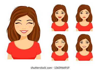 Set of emotions. Young cute girl shows different emotions. Sad, surprised, happy, laughing. Flat style on white background. Cartoon.