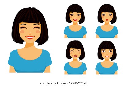 Set of emotions. Young cute girl shows different emotions. Sad, surprised, happy, laughing. Flat style on white background. Cartoon 