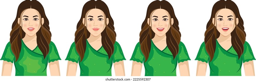 Set of emotions.Expression collection.Young beautiful girl shows different emotions.Positive feelings.Happy,surprised,laughing,smiling,cheerful,astonished.Vector illustration.