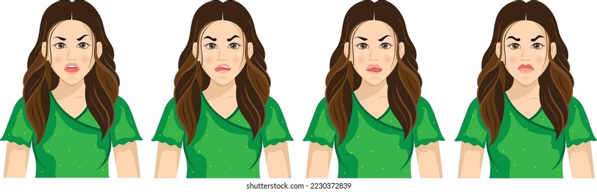 Set of emotions.Expression collection.Young beautiful girl shows different emotions.Negative feelings.Sad,angry,upset,stress,fear,shock.Hand drawn vector illustration.