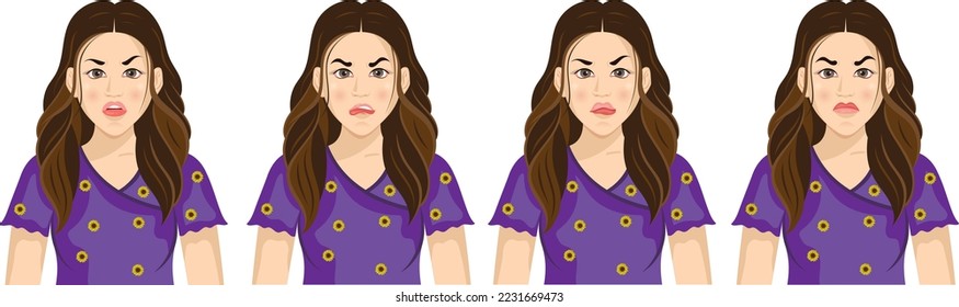 Set of emotions.Expression collection.Young beautiful girl shows different emotions.Negative feelings.Sad,angry,upset,stress,fear,shock.Hand drawn vector illustration.