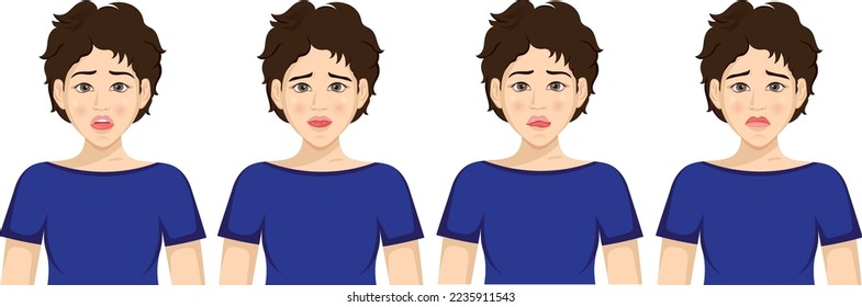 Set of emotions.Expression collection.Young beautiful girl shows different emotions.Negative feelings.Sad,angry,upset,stress,fear,shock.Hand drawn vector illustration.