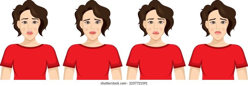 Set of emotions.Expression collection.Young beautiful girl shows different emotions.Negative feelings.Sad,angry,upset,stress,fear,shock.Hand drawn vector illustration.