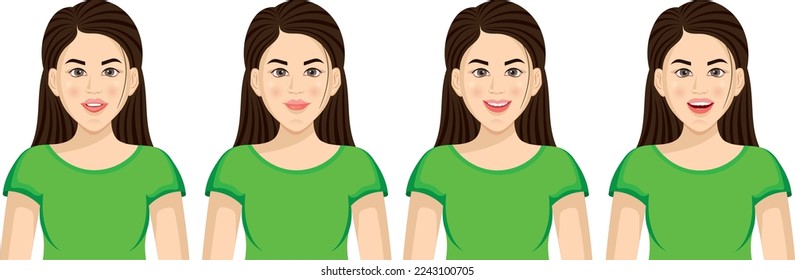 Set of emotions.Expression collection.Young beautiful girl shows different emotions.Positive feelings.Happy,joy,surprised,laughing,smiling,cheerful,astonished.Hand drawn vector illustration.