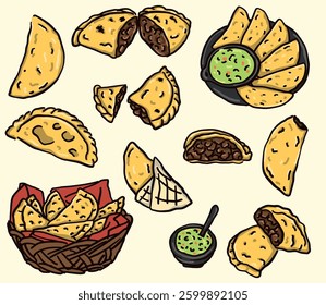 Set of empanada illustrations, doodle style