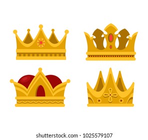 Set of emperor or king shiny golden crown or pope tiara. Monarch heraldic sign or vintage blinking diadem icon design. Royalty or luxury, antique or game award, coronation or heraldry theme