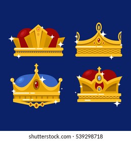 Set of emperor or king shiny golden crown or pope tiara. Monarch heraldic sign or vintage blinking diadem icon design. Royalty or luxury, antique or game award, coronation or heraldry theme
