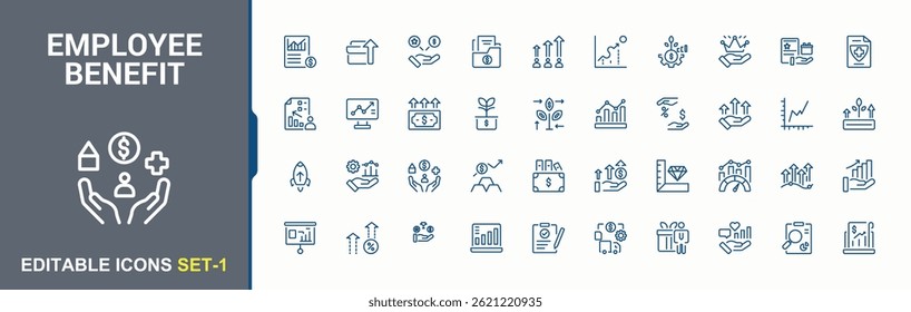 Set of Employee Benefit line icon. Includes symbols for gift, reward, bonus and more. Benefits modern icon set. Minimal icons pack. Pixel perfect. Vector illustration.