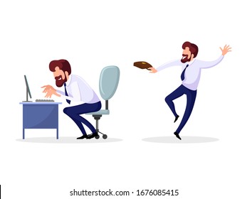 Set with employee, businessman, who loves his work. Positive man in formal suit sits at computer desk, types, comes to work and leaves it joyfully. Vector cartoon illustrations isolated on white.