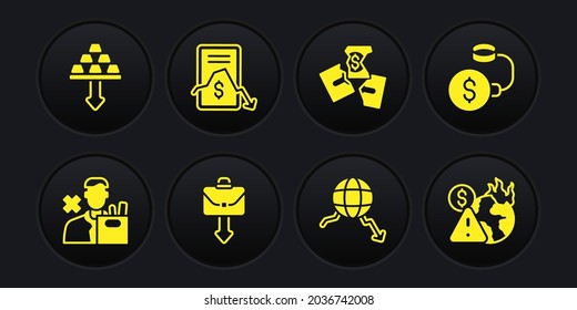 Set Employee dismissal, Debt ball chained to coin, Briefcase, Global economic crisis, Tearing money banknote, Mobile stock trading,  and Gold bars icon. Vector