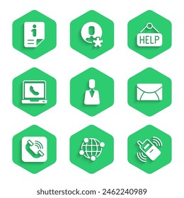 Set Employee, Global technology, Mobile phone, Mail and e-mail, Telephone handset, 24 hours support, Signboard with text Help and Information icon. Vector