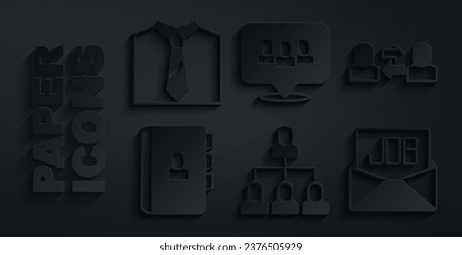 Set Employee hierarchy, Exchange work, Resume, Search job, Project team base and Tie icon. Vector