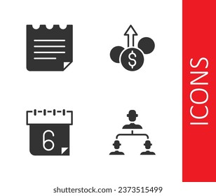 Set Employee hierarchy, Notebook, Calendar and Financial growth dollar icon. Vector