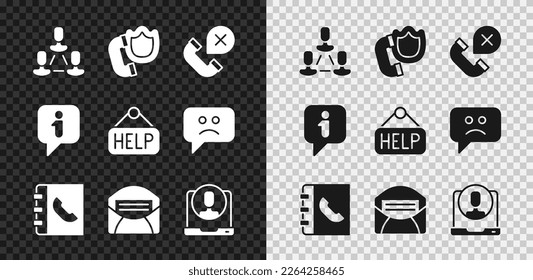 Set Employee hierarchy, Telephone handset with shield, Declined or missed call, Phone book, Mail e-mail, 24 hours support, Information and Signboard text Help icon. Vector