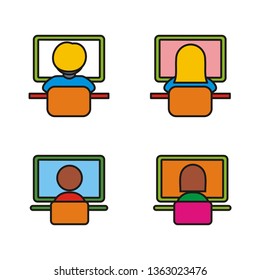 Set of employee icon. Man and woman using computer vector illustration 