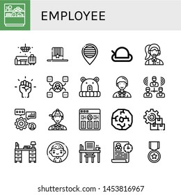 Conjunto de iconos de empleados como Counter, Lobby, Hat, Pride, Clérigo, Motivation, Skill, Entrepeneur, Group, Skills, Manager, Resume, Wheel, Management, Desk, Man, Time management , empleado