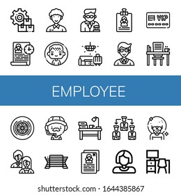 Set of employee icons. Such as Management, Time management, Community, Man, Banker, Lobby, Resume, Manager, Member card, Desk, Wheel, Shareholder, Coach, Pride , employee icons
