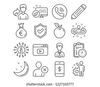Set of Employee, Video content and Delete user icons. Exam time, Recruitment and Businessman. Smartphone payment, Money bag and Pencil. Cogwheel, Browser window, Remove profile. Video content vector