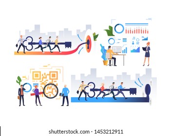 Set of employees achieving goals together. Male and female cartoon characters carrying key, working on app, analyzing statistics. Vector illustration for presentation, webinar, training