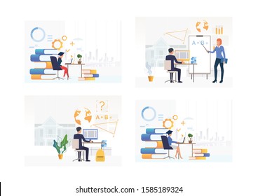 Set of employees attending business training. Flat vector illustrations of cartoon characters discussing presentation. Training concept for banner, website design or landing web page