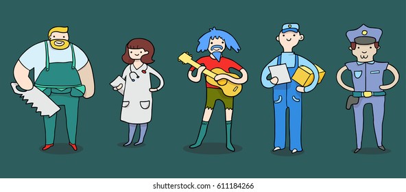 Set of employees with different professions flat vector illustration. Worker, doctor, musician, postman and policeman poster.Occupation people in uniform. Labor day ads. Builder, scientist, guitarist 