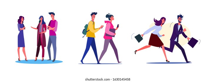 Set of employees discussing and managing project in deadline. Flat vector illustrations of friends walking around city. Teamwork, rush, stroll concept for banner, website design or landing web page