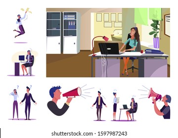 Set of employees during working process. Flat vector illustrations of cheerful and doubting workers and bosses with megaphones. Team relations concept for banner, website design or landing web page