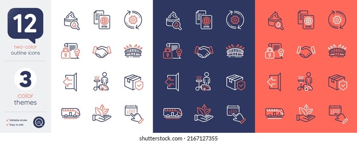 Juego de apretón de manos de empleados, contrato de seguridad e iconos de línea de limpieza. Incluye crema hidratante, documento Passport, iconos CogWheel. Clic de evento, Cerrar sesión, Elementos web de Parcel Insurance. Vector