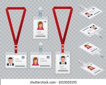 Set of Employees Identification White Blank Plastic Id Cards with Clasp and Lanyards Isolated Vector Illustration