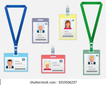 Set of Employees Identification White Blank Plastic Id Cards with Clasp and Lanyards Isolated