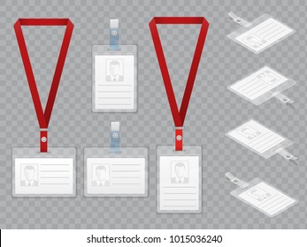 Set of Employees Identification White Blank Plastic Id Cards with Clasp and Lanyards Isolated on Ttransparent View Top and Isometric