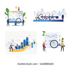 Set of employees planning strategy. Flat vector illustrations of office staff finding solution. Progress, analyzing concept for banner, website design or landing web page