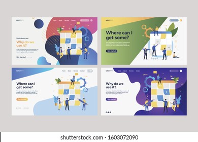 Set of employees planning work with Kanban boards. Flat vector illustrations of tiny people sticking paper notes on planning boards. Business concept for banner, website design or landing web page
