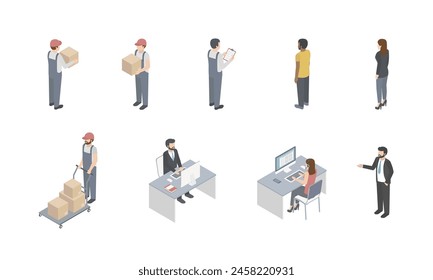 Gruppe von Mitarbeitern der Post- oder Lagerfirma. Isometrische Projektion. 3D-Vektorgrafiken von Manager, Kurier, Arbeiter in Uniform, Box und Bediener. Logistische Zeichen.