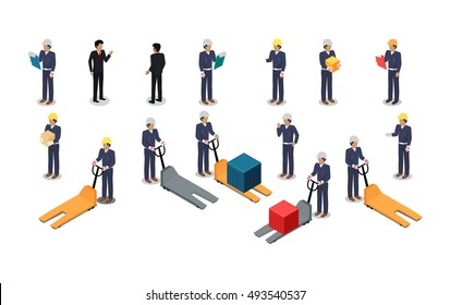 Set of employees of postal or warehouse company. Isometric projection. 3d vectors of manager, courier, worker in uniform, helmet with tablet, box and hydraulic transporter. Isolated on white  