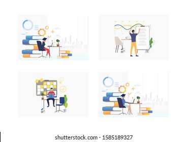 Set of employees and students studying. Flat vector illustrations of students using laptops, workers preparing reports. Education concept for banner, website design or landing web page