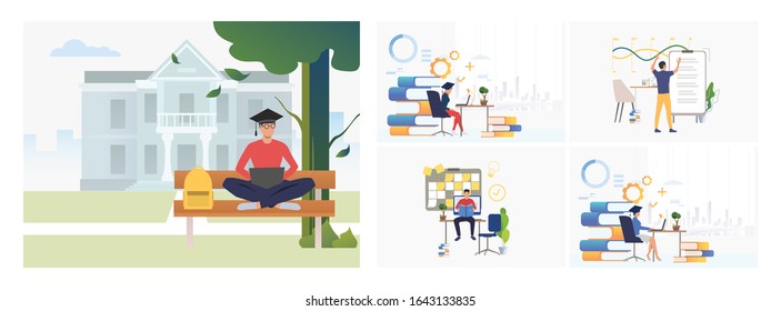 Set of employees and students studying. Flat vector illustrations of students using laptops, workers preparing reports. Education concept for banner, website design or landing web page