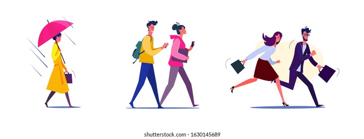 Set of employees walking and rushing to work. Flat vector illustrations of students going to classes together. Rush, walking, raining concept for banner, website design or landing web page