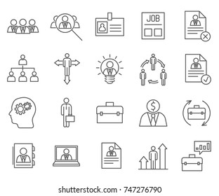 Set of employment Related Vector Line Icons.Includes such Icons as business, company, marketing, occupation, office, manager, personal growth, vacancy, resume, employer and more.