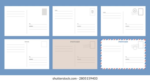 Set of empty back of a postcards with postage stamps for travel. Vector vintage template design
