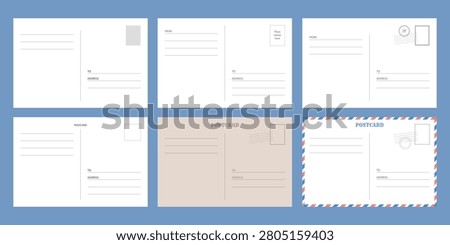 Set of empty back of a postcards with postage stamps for travel. Vector vintage template design
