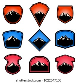 Set of empty badges with mountains. Design elements for logo, label, emblem, sign. Vector illustration