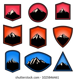 Set of empty badges with mountains. Design elements for logo, label, emblem, sign. Vector illustration