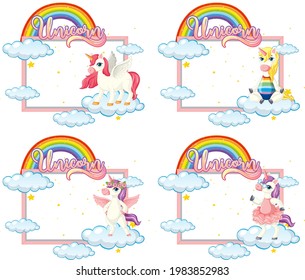 Set of empty banner with cute unicorn cartoon character on white background illustration
