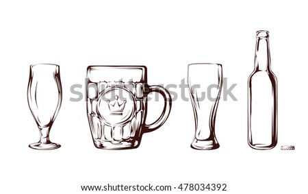 Set of empty beer glasses, beer mug and beer bottle isolated on a white background. Retro illustration, minimalistic style.