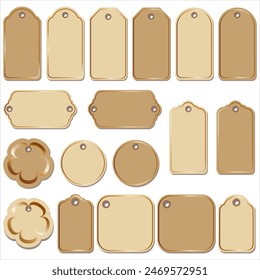 Conjunto de etiquetas de regalo vacías de color beige sobre un fondo aislado. Ilustración vectorial.