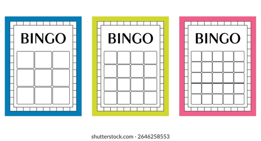 Conjunto de cartões de bingo vazios sem números. Limpe os modelos de bilhetes de jogo da loteria. Ilustrações vetoriais de folhas de keno em branco para jogos com tema de cassino, desenhos sortudos e conceitos de apostas.