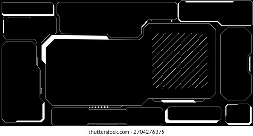 Conjunto de quadros HUD futuristas em preto vazios em diferentes tamanhos para exibição de gráficos e conteúdo