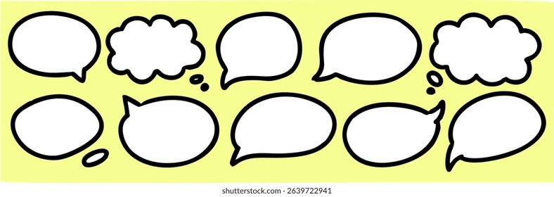 Set of empty black outlined speech and thought bubbles on a yellow background. Perfect for comics, communication, messages, announcements, and creative text placement in design projects.