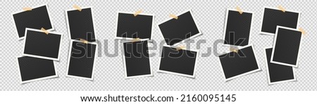 Set of empty black photo frames of various shape and size glued to transparent background with adhesive tape of different colors. Vector illustration with vintage style.